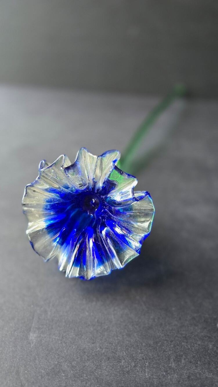 Hand Blown Art Glass Flower Sculpture Blue Green Ruffled Petals Long Stem Decor